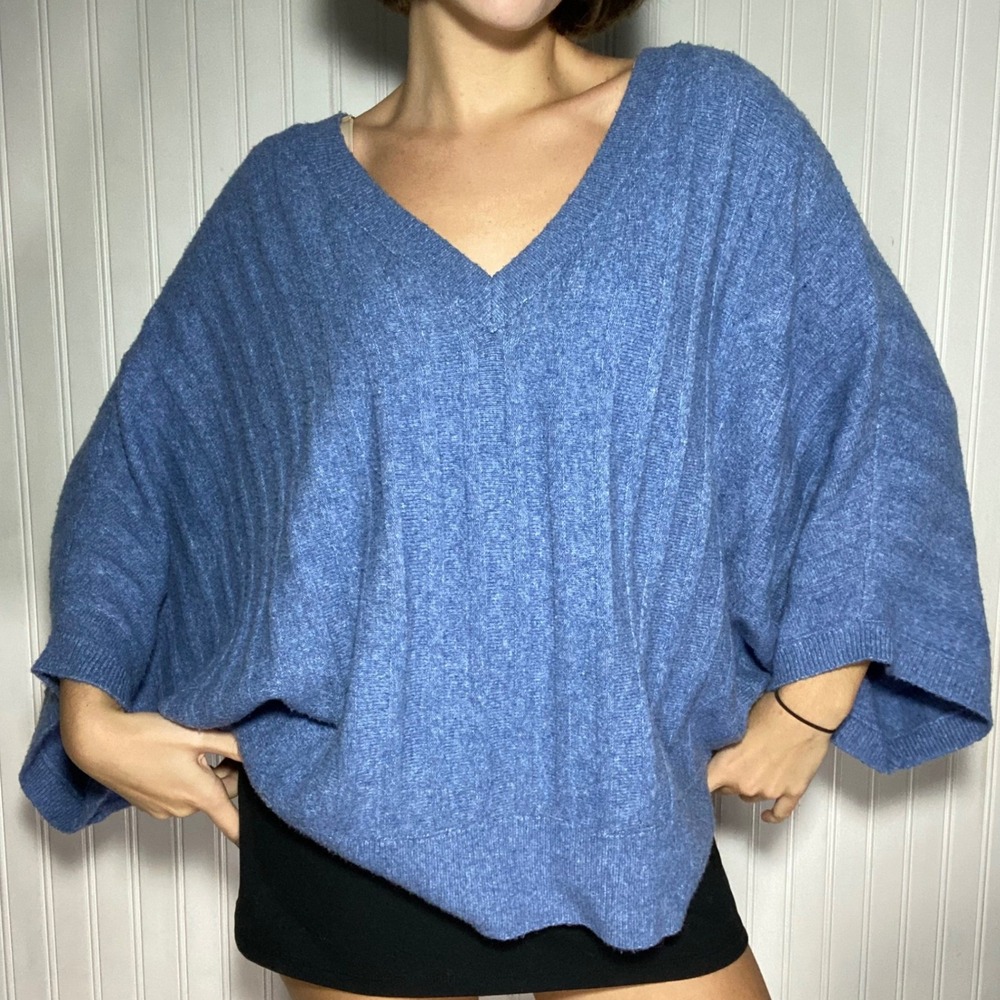 Simply Vera Wang Batwing Sweater Boho Blue V-Neck Dolman Sleeve Ribbed Knit -XXL